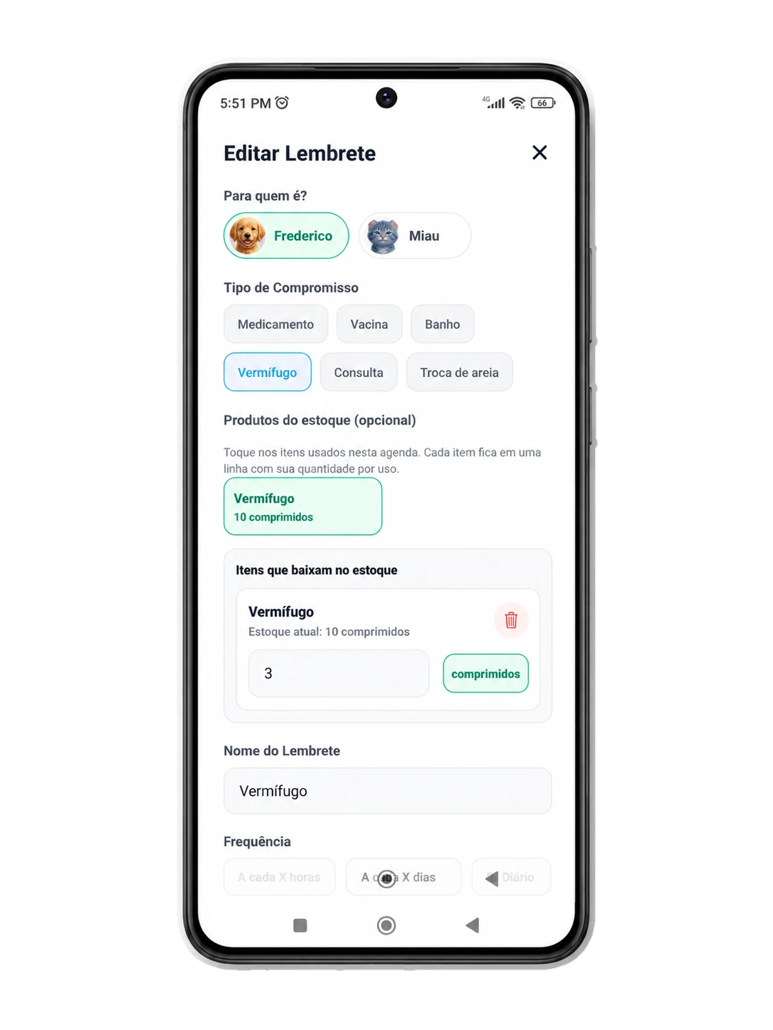 Tela de edição de lembrete do app OitoPet.