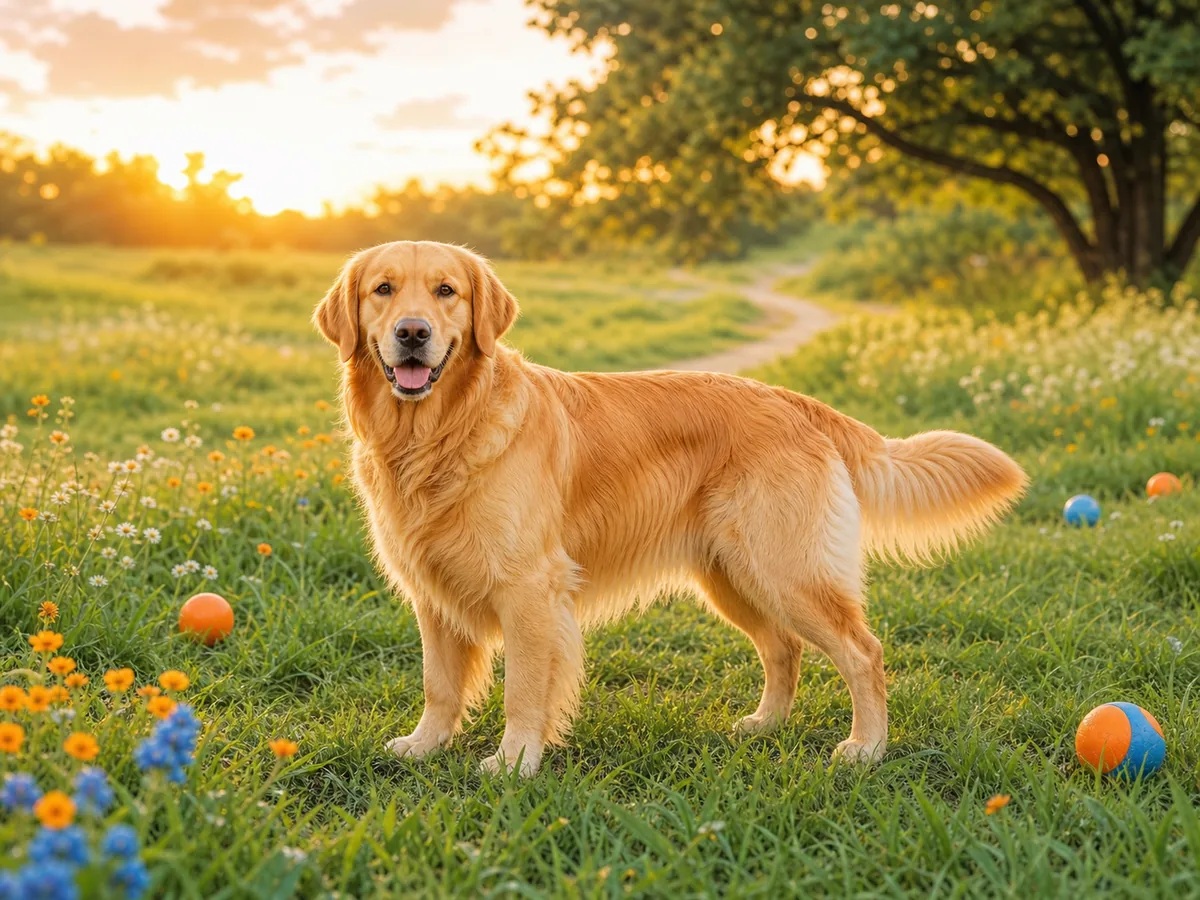 Golden Retriever de corpo inteiro em campo florido ao pôr do sol.